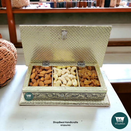 German Oxidised Wooden Dry Fruit Box – Trio Flower 9x5 Festival Gift | ShopBeat