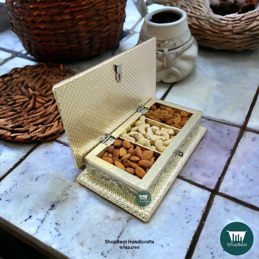 German Oxidised Wooden Dry Fruit Box – Trio Flower 9x5 Festival Gift | ShopBeat