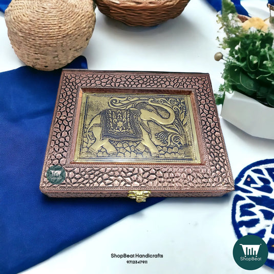 Copper Oxidised Wooden Dry Fruit Box – Embossed Elephant 9x7 Ethnic Gift | ShopBeat
