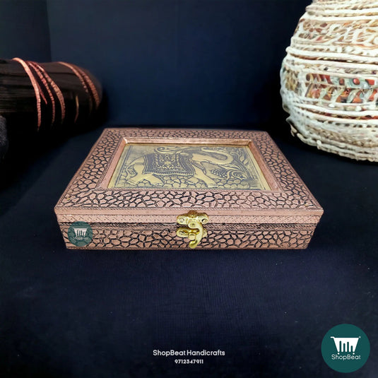 Copper Oxidised Wooden Dry Fruit Box – Embossed Elephant 9x7 Ethnic Gift | ShopBeat