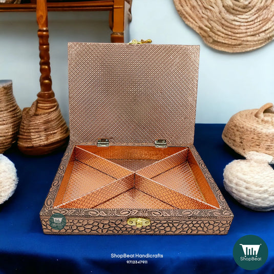 Copper Oxidised Wooden Dry Fruit Box – Embossed Elephant 9x7 Ethnic Gift | ShopBeat