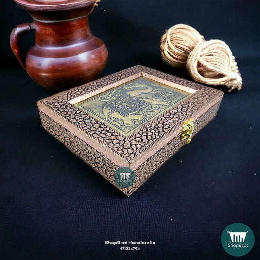 Copper Oxidised Wooden Dry Fruit Box – Embossed Elephant 9x7 Ethnic Gift | ShopBeat