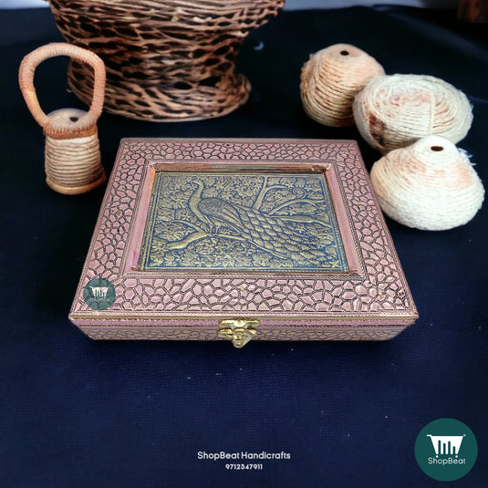 Copper Oxidised Wooden Dry Fruit Box – Embossed Peacock 9x7 Wedding Gift | ShopBeat