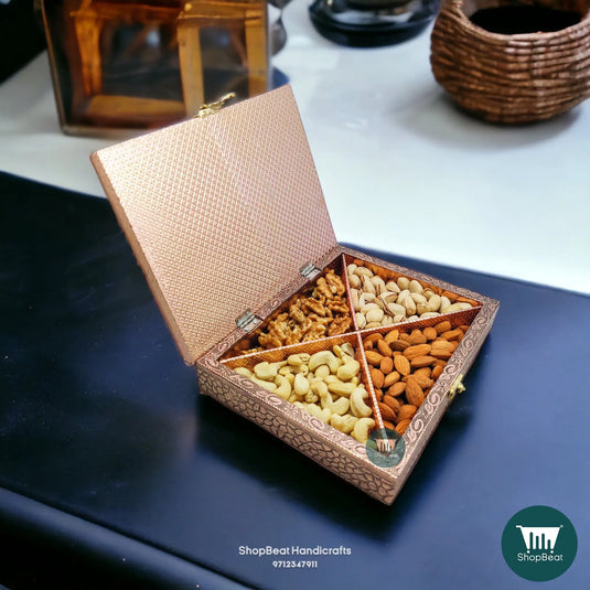 Copper Oxidised Wooden Dry Fruit Box – Embossed Peacock 9x7 Wedding Gift | ShopBeat