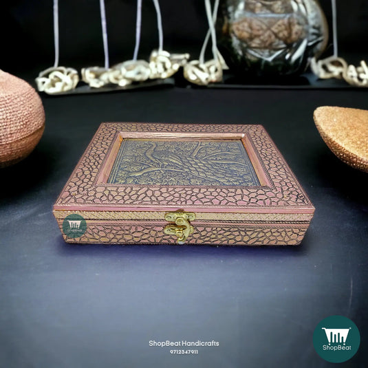 Copper Oxidised Wooden Dry Fruit Box – Embossed Peacock 9x7 Wedding Gift | ShopBeat