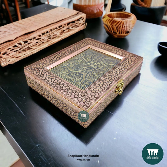 Copper Oxidised Wooden Dry Fruit Box – Embossed Peacock 9x7 Wedding Gift | ShopBeat