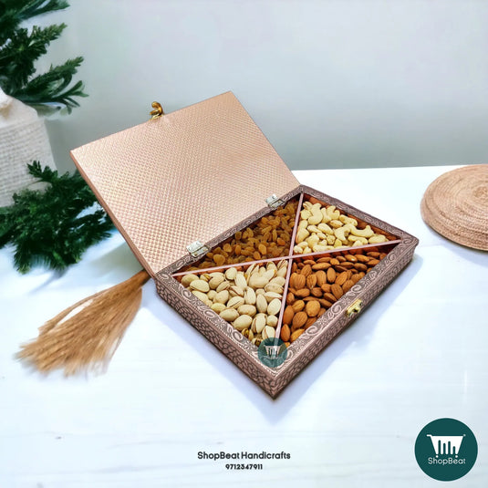 Copper Oxidised Wooden Dry Fruit Box – Lakshmi Ganesh 10x7 Diwali Gift | ShopBeat