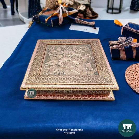 Copper Oxidised Wooden Dry Fruit Box – Sparrow Flower 10x10 Housewarming Gift | ShopBeat