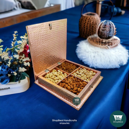Copper Oxidised Wooden Dry Fruit Box – Sparrow Flower 10x10 Housewarming Gift | ShopBeat