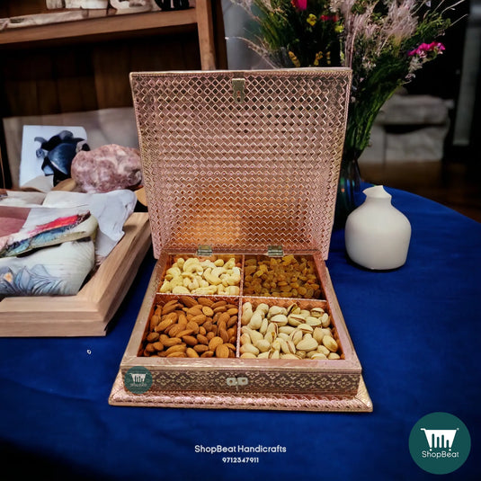 Copper Oxidised Wooden Dry Fruit Box – Sparrow Flower 10x10 Housewarming Gift | ShopBeat