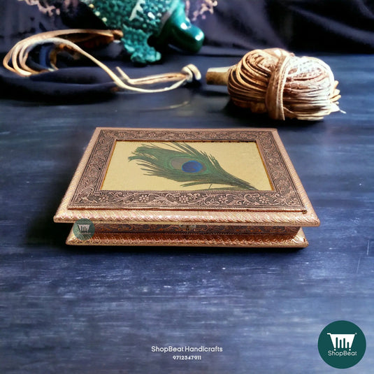 Copper Oxidised Wooden Dry Fruit Box – Peacock Feather 12x7 Premium Gift | ShopBeat