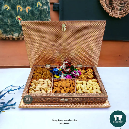 Copper Oxidised Wooden Dry Fruit Box – Peacock Feather 12x7 Premium Gift | ShopBeat