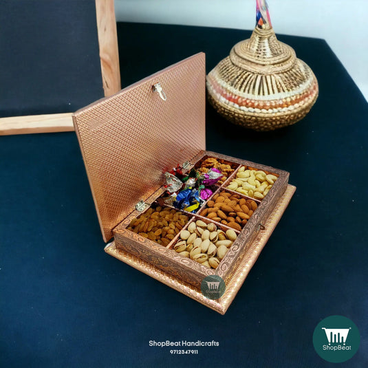 Copper Oxidised Wooden Dry Fruit Box – Peacock Feather 12x7 Premium Gift | ShopBeat