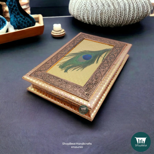 Copper Oxidised Wooden Dry Fruit Box – Peacock Feather 12x7 Premium Gift | ShopBeat
