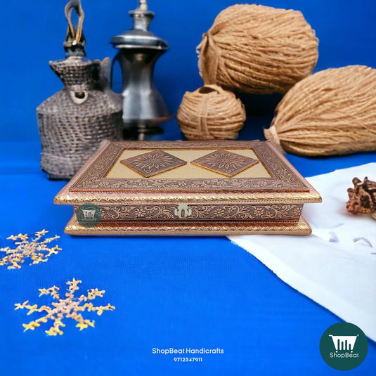 Copper Oxidised Wooden Dry Fruit Box – Double Flower 12x8 Traditional Gift | ShopBeat