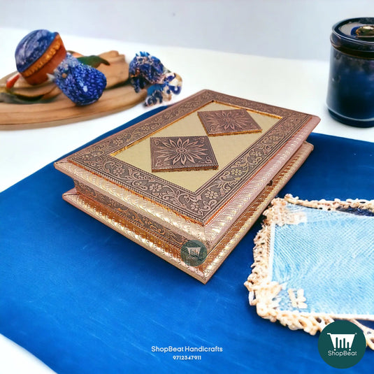 Copper Oxidised Wooden Dry Fruit Box – Double Flower 12x8 Traditional Gift | ShopBeat