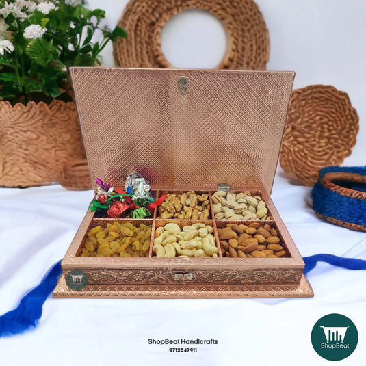 Copper Oxidised Wooden Dry Fruit Box – Double Flower 12x8 Traditional Gift | ShopBeat