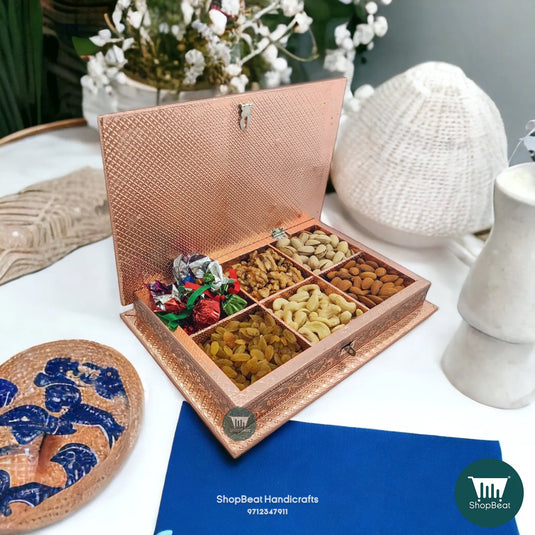 Copper Oxidised Wooden Dry Fruit Box – Double Flower 12x8 Traditional Gift | ShopBeat