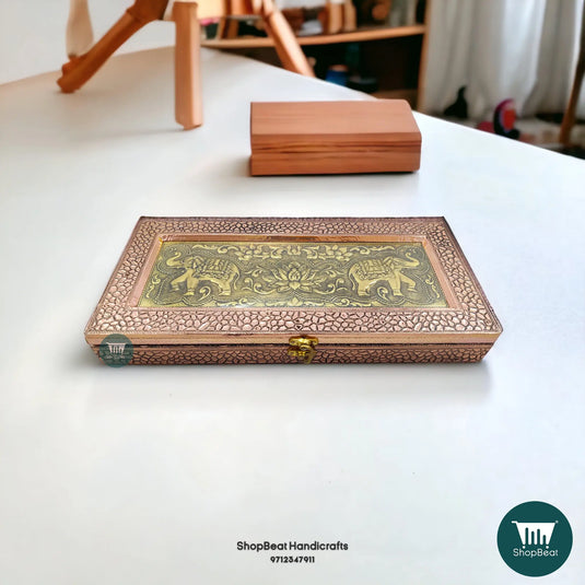 Copper Oxidised Wooden Dry Fruit Box – Double Elephant 15x7 Cultural Gift | ShopBeat