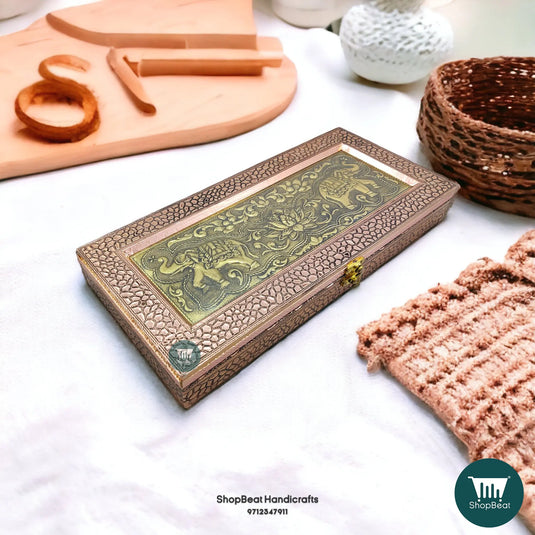 Copper Oxidised Wooden Dry Fruit Box – Double Elephant 15x7 Cultural Gift | ShopBeat