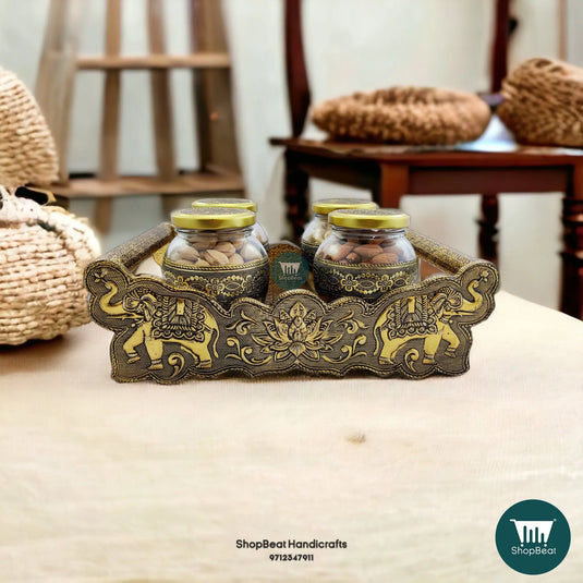 Golden Oxidised Dry Fruit Tray with 4 Glass Jars – Elephant Design | ShopBeat