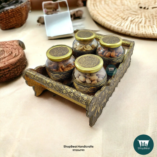 Golden Oxidised Dry Fruit Tray with 4 Glass Jars – Elephant Design | ShopBeat