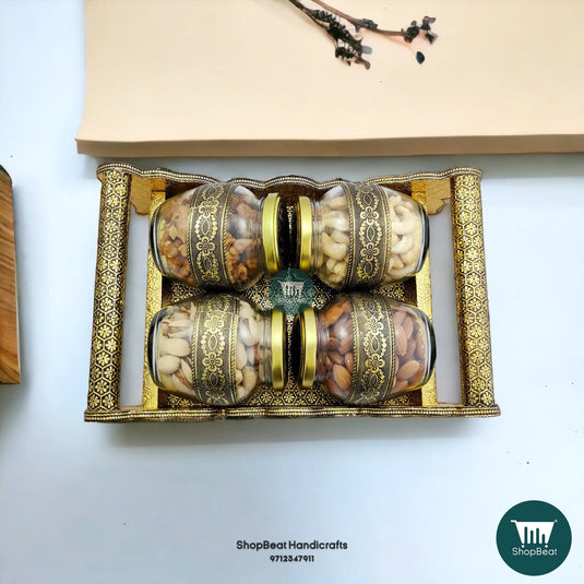 Golden Oxidised Dry Fruit Tray with 4 Glass Jars – Elephant Design | ShopBeat