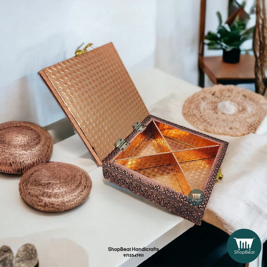 Copper-Golden Oxidised Wooden Dry Fruit Box 6x6 – Gift Box | ShopBeat