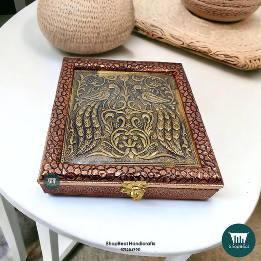 Copper Oxidised Wooden Dry Fruit Box – Double Peacock 8x8 Gift | ShopBeat