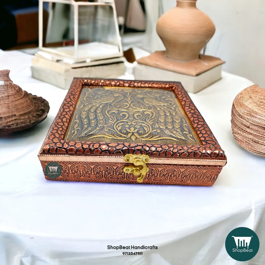 Copper Oxidised Wooden Dry Fruit Box – Double Peacock 8x8 Gift | ShopBeat