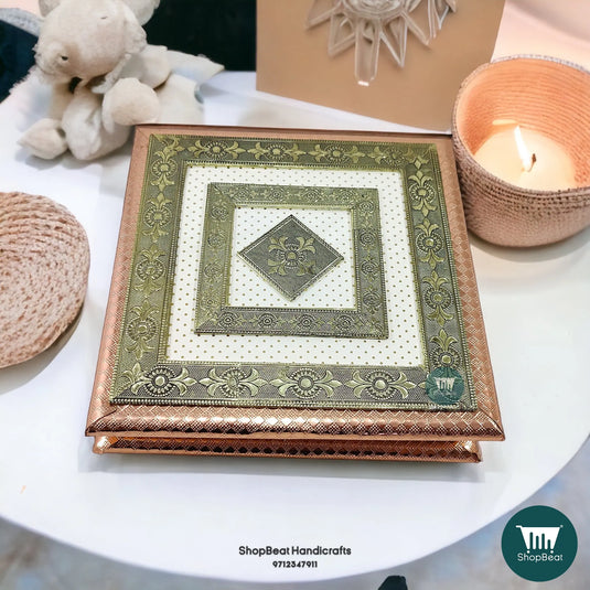 Copper-Golden White Oxidised Wooden Dry Fruit Box 10x10 – Gift Box | ShopBeat