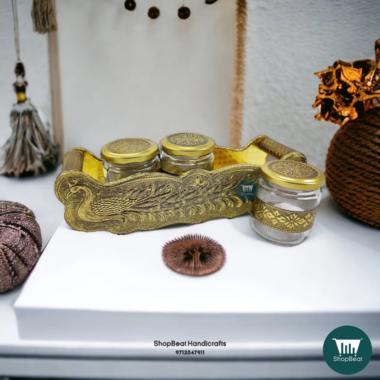 Golden Oxidised Wooden Serving Tray – Peacock Design with 3 Glass Jars | ShopBeat
