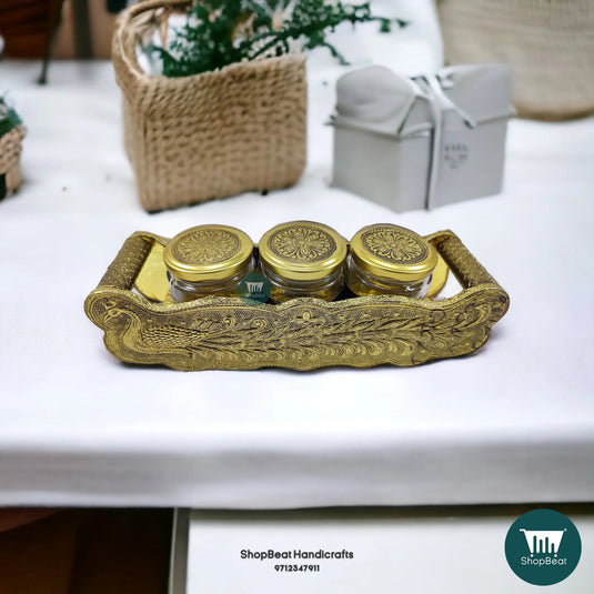 Golden Oxidised Wooden Serving Tray – Peacock Design with 3 Glass Jars | ShopBeat