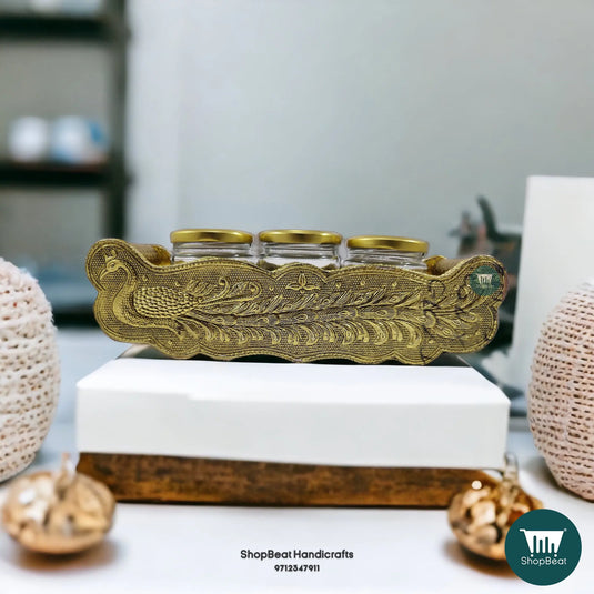 Golden Oxidised Wooden Serving Tray – Peacock Design with 3 Glass Jars | ShopBeat