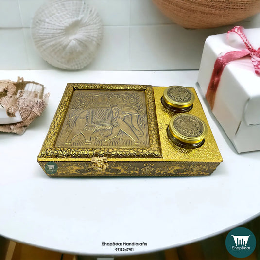 Golden Oxidised Wooden Dry Fruit Box – Elephant Design with 2 Glass Jars 12x8 | ShopBeat