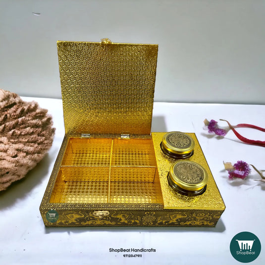 Golden Oxidised Wooden Dry Fruit Box – Elephant Design with 2 Glass Jars 12x8 | ShopBeat