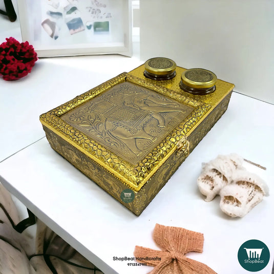 Golden Oxidised Wooden Dry Fruit Box – Elephant Design with 2 Glass Jars 12x8 | ShopBeat