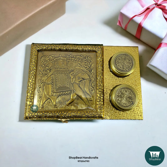 Golden Oxidised Wooden Dry Fruit Box – Elephant Design with 2 Glass Jars 12x8 | ShopBeat