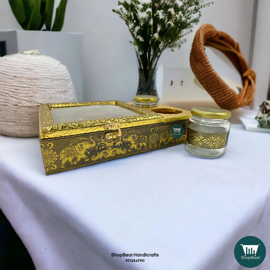 Golden Oxidised Wooden Dry Fruit Box – Elephant Design with 2 Glass Jars 12x8 | ShopBeat