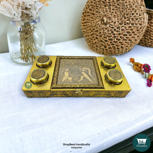 Golden Oxidised Wooden Dry Fruit Box – Elephant Design with 4 Glass Jars 16x8 | ShopBeat