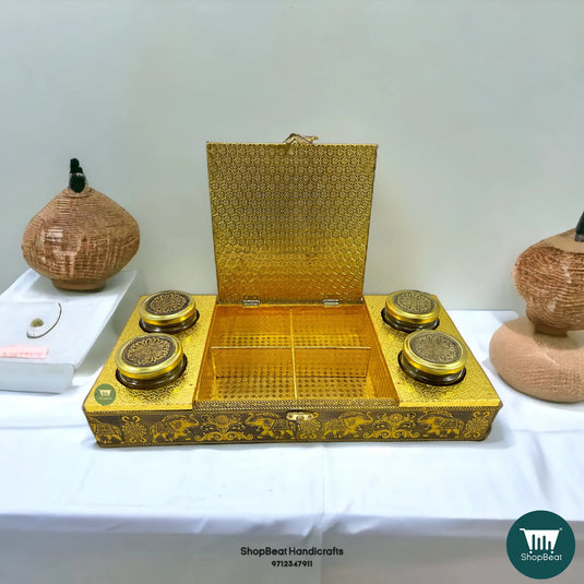 Golden Oxidised Wooden Dry Fruit Box – Elephant Design with 4 Glass Jars 16x8 | ShopBeat