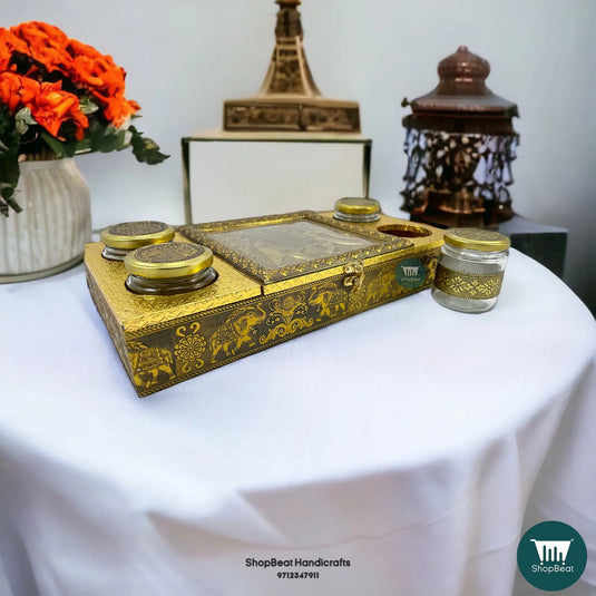 Golden Oxidised Wooden Dry Fruit Box – Elephant Design with 4 Glass Jars 16x8 | ShopBeat