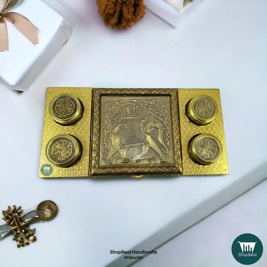 Golden Oxidised Wooden Dry Fruit Box – Elephant Design with 4 Glass Jars 16x8 | ShopBeat