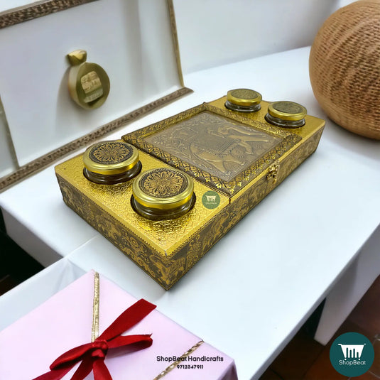 Golden Oxidised Wooden Dry Fruit Box – Elephant Design with 4 Glass Jars 16x8 | ShopBeat