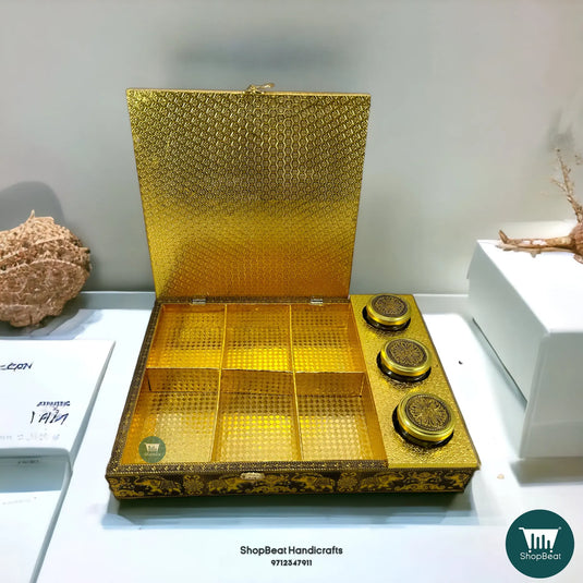 Golden Oxidised Wooden Dry Fruit Box – Elephant Design with 3 Glass Jars 16x12 | ShopBeat