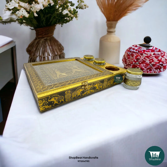 Golden Oxidised Wooden Dry Fruit Box – Elephant Design with 3 Glass Jars 16x12 | ShopBeat