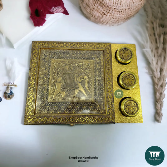 Golden Oxidised Wooden Dry Fruit Box – Elephant Design with 3 Glass Jars 16x12 | ShopBeat