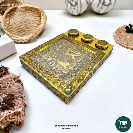 Golden Oxidised Wooden Dry Fruit Box – Elephant Design with 3 Glass Jars 16x12 | ShopBeat