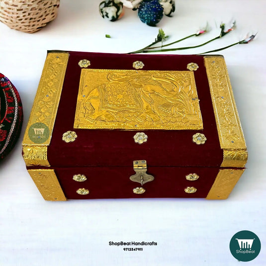 Golden Oxidised Velvet Dry Fruit Box with 6 Glass Jars 10x7 | ShopBeat