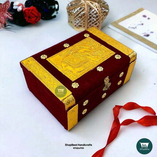 Golden Oxidised Velvet Dry Fruit Box with 6 Glass Jars 10x7 | ShopBeat